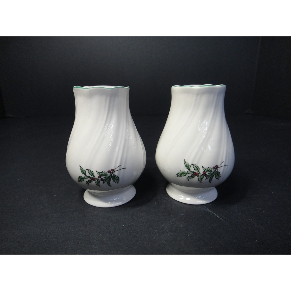 Vintage Nikko Japan Happy Holidays Salt and Pepper Shakers Set White Swirl EUC